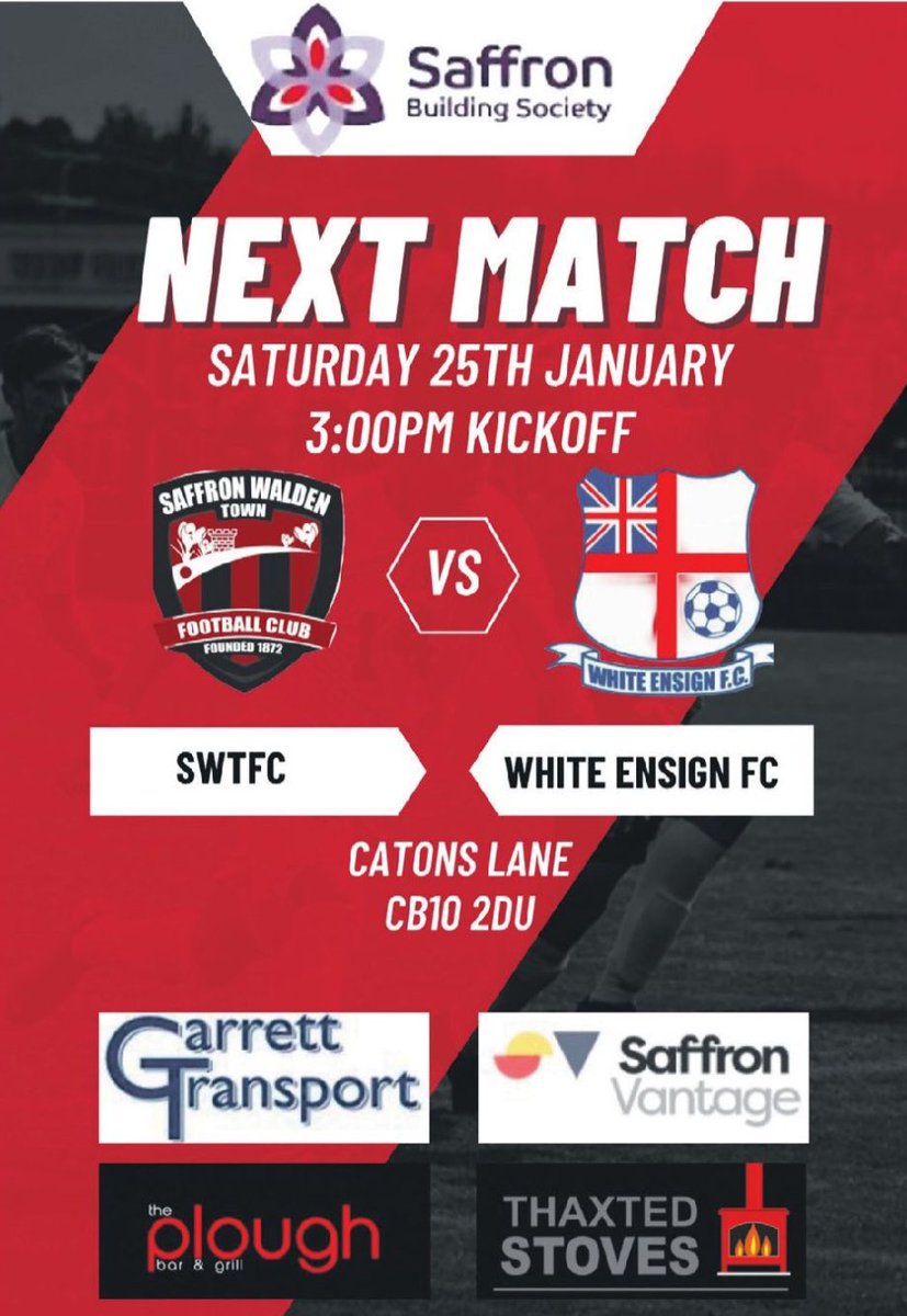 Saffron Walden Town FC (@swtfootballclub) on Twitter photo Next up for the Bloods is a home match against <a href="/EnsignOfficial/">White Ensign FC</a> on Saturday. Come down and support the Bloods!
#upthebloods ๐ฉธ๐ Next up for the Bloods is a home match against <a href="/EnsignOfficial/">White Ensign FC</a> on Saturday. Come down and support the Bloods!
#upthebloods ๐ฉธ๐