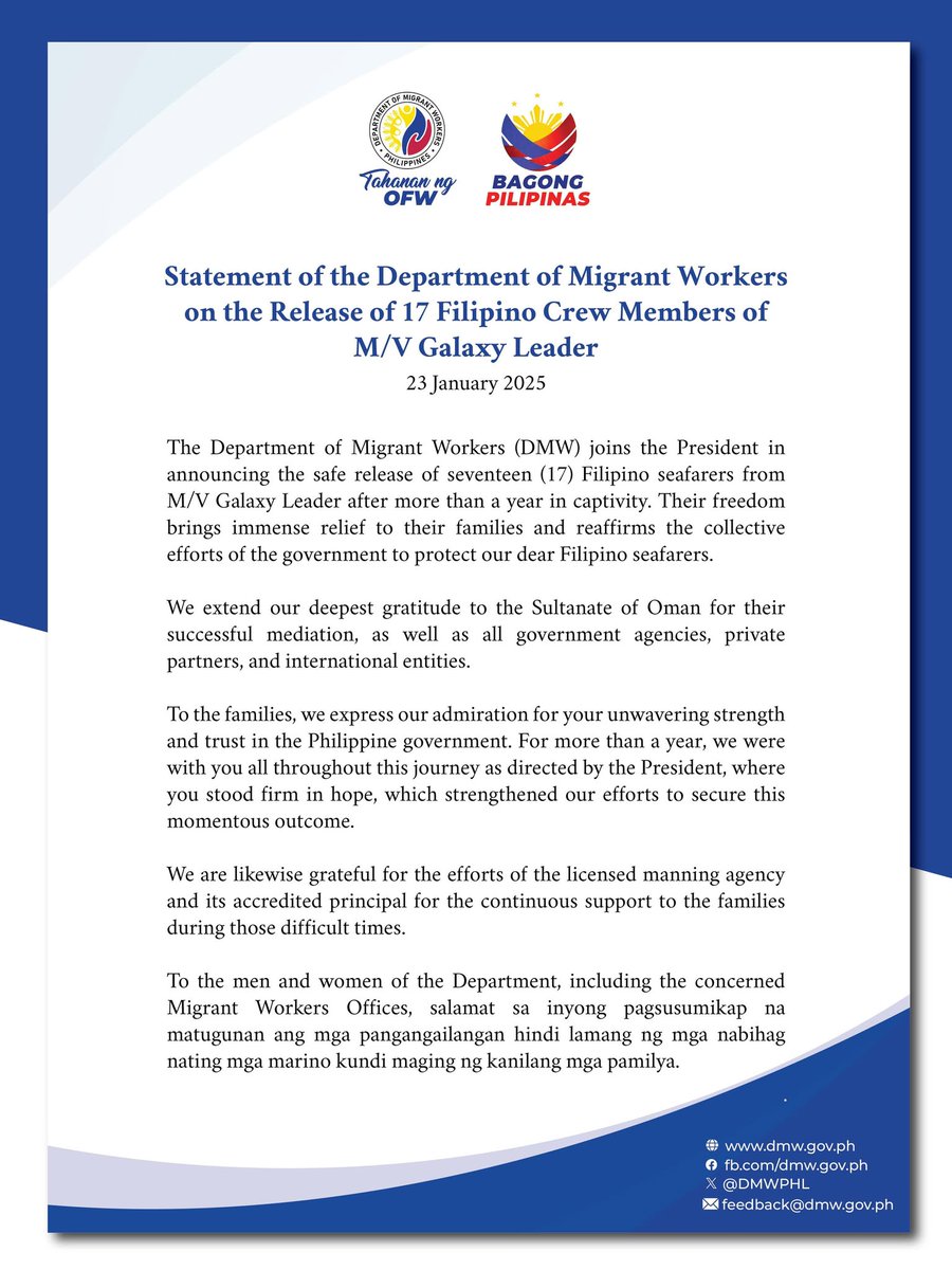 News5PH's tweet image. Nagbigay pasasalamat ang Department of Migrant Workers #DMW sa Sultanate of Oman at license manning agency ng 17 Pilipinong tripulante ng M/V Galaxy Leader, kasunod ng paglaya ng mga crew member ng barko mula sa pagkabihag ng mga Houthi noong 2023. #News5

📸: DMW