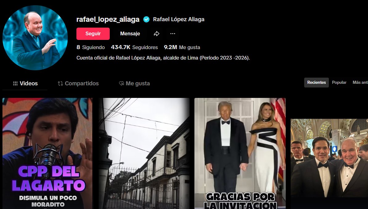 DiarioDeCurwen's tweet image. El alcalde @rlopezaliaga1, me llama "chupapinga de Vizcarra" en un tiktok publicado en su cuenta oficial. Los insultos los tomo de quien viene, pero si algo me pasa, si me disparan en la puerta de mi casa, lo responsabilizo directamente. Es el cuarto video que me dedica.