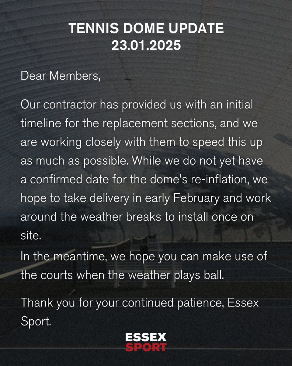 An update regarding our Tennis Dome. 

#EssexSport | #UniversityofEssex