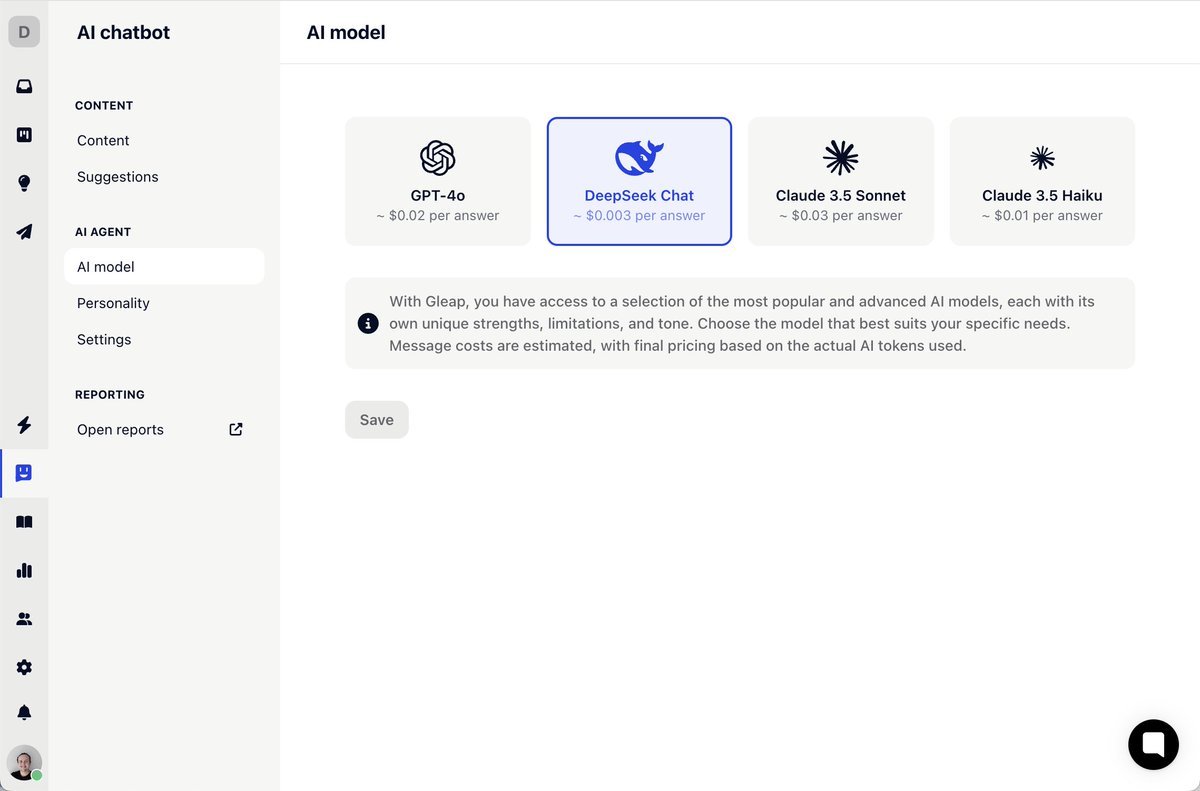 🔥 <a href="/GleapSDK/">Gleap</a> now also supports the brand new DeepSeek R1 models. This means the same performance as GPT-4o at a fraction of the costs. 🚀

Try out DeepSeek today on gleap.io

#llm #deepseek #startup #chatbot #customersupport #CustomerFeedback #buildinpublic