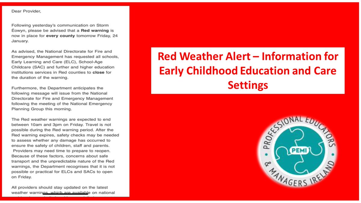 Storm Éowyn is forecast to bring gale to storm force southwest to west winds with extreme, damaging and destructive gusts in excess of 130km/h tonight and tomorrow, Jan 24th. All ECEC/SAC settings in red counties are advised to close for the red warning