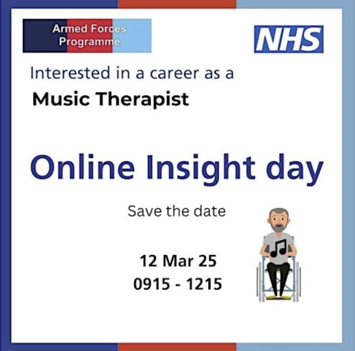 Currently working in, or planning to leave, the #ArmedForces? If you're interested in creativity, healthcare, and helping people of all ages and abilities, #MusicTherapy may be the job for you. You can find out more by joining us for our FREE Insight Day: buff.ly/42tL1oT
