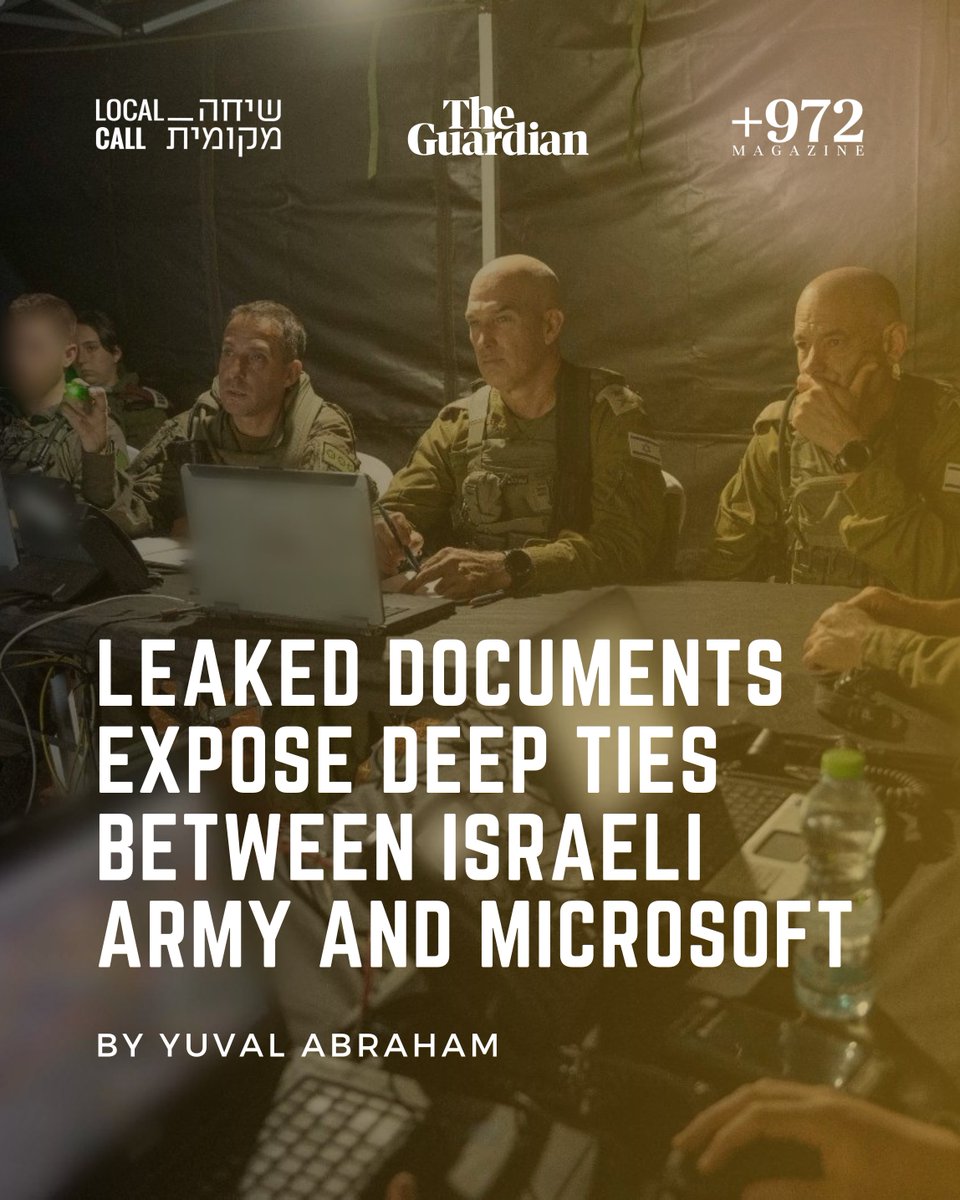 Just Vision (@justvisionmedia) on Twitter photo BREAKING: A joint investigation reveals that since Oct. 7, the Israeli military has relied heavily on cloud and AI services from Microsoft and OpenAI, while the tech giant’s staff embed with different units.
<a href="/mekomit/">שיחה מקומית</a> <a href="/972mag/">+972 Magazine</a> <a href="/guardian/">The Guardian</a> <a href="/yuval_abraham/">Yuval Abraham יובל אברהם</a>
972mag.com/microsoft-azur… BREAKING: A joint investigation reveals that since Oct. 7, the Israeli military has relied heavily on cloud and AI services from Microsoft and OpenAI, while the tech giant’s staff embed with different units.
<a href="/mekomit/">שיחה מקומית</a> <a href="/972mag/">+972 Magazine</a> <a href="/guardian/">The Guardian</a> <a href="/yuval_abraham/">Yuval Abraham יובל אברהם</a>
972mag.com/microsoft-azur…