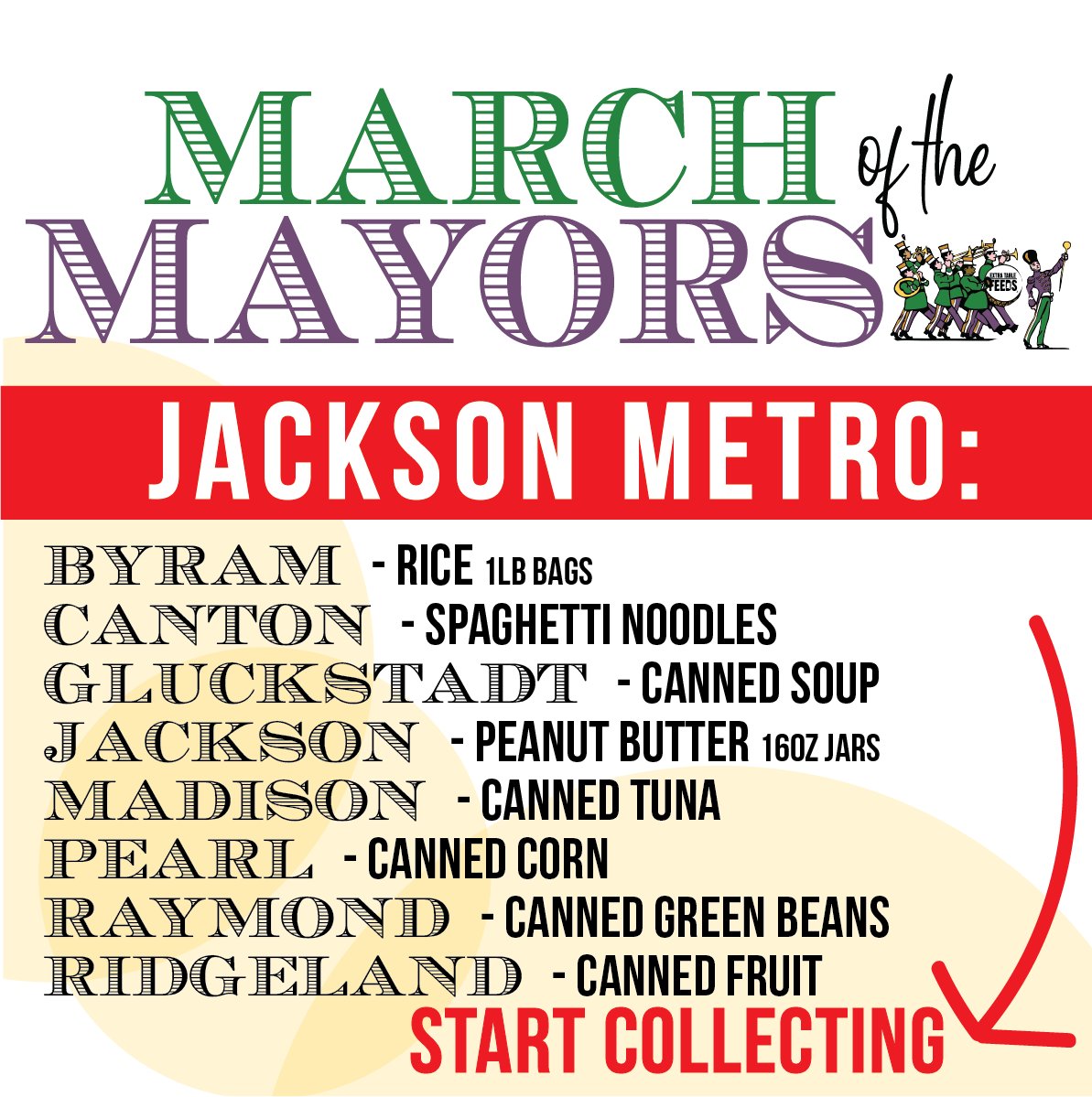 ExtraTable's tweet photo. 🏁JACKSON METRO REGION...start collecting! NOW through February 21!

💜💛💚⁠ It’s a canned food drive, a fundraiser, and it’s Mississippi’s Largest Food Box Packing Party. ⁠⁠Learn more at https://t.co/VmNgINIETp

#ExtraTableFEEDS #MarchoftheMayors #WeFightHungerDifferently https://t.co/gHMjqtq7cB