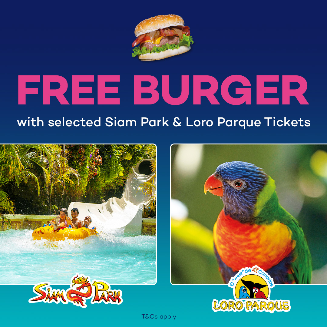 ☀️ PERFECT FOR FEB HALF-TERM ☀️ 

For customers heading for some winter sun, lunch is on us with a FREE Burger included on selected Siam Park and Loro Parque tickets! 

Learn more: bit.ly/siamburger
bit.ly/loroburger