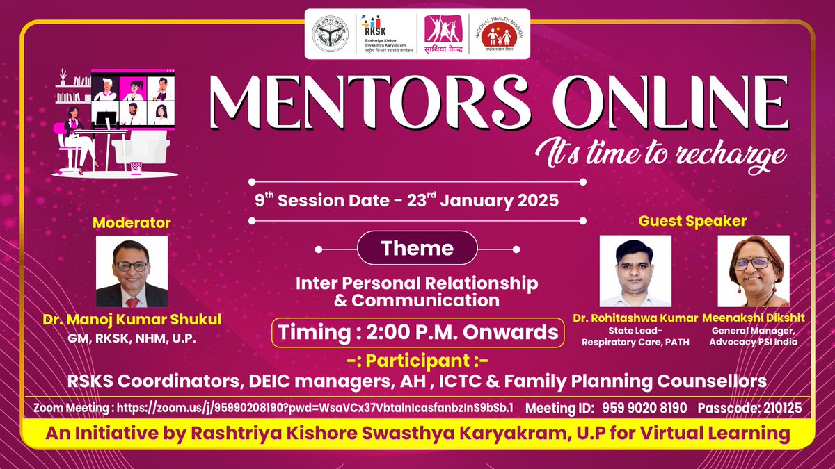 ManojShukul's tweet photo. #MentorsOnline 9th virtual learning session on Interpersonal Relationship and Communication  for Counsellors under #RKSK moderated today to build the capacity of AH Counsellors of #UttarPradesh with the support of @Rkumar2782 @mymeenakshi @PSIIndia @nhm_up @ZoyaAliRizvi https://t.co/b2p38CcxVX