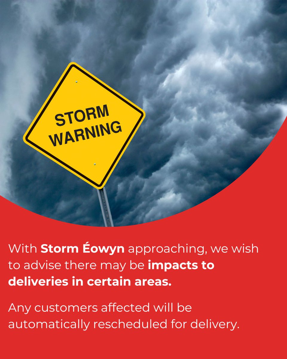 calorireland's tweet photo. With Storm Éowyn approaching, we wish to advise there may be impacts to deliveries in certain areas. 
Any customers affected will be automatically rescheduled for delivery.
For any queries please reach out to the customer service team - 01 450 5000 (ROI) and 028 9045 5588 (NI) https://t.co/gPFjgHysxl