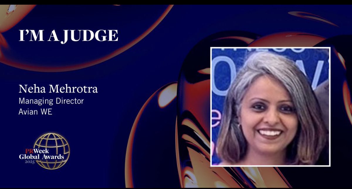 avianWE's tweet photo. We're proud to announce that our MD, @nehamehro, is serving as a judge for the prestigious #PRWeekGlobal Awards 2025! With the final deadline to submit entries on Jan 30, we encourage the best minds in the industry to participate and showcase their work. 
https://t.co/h0mLq8pYyq https://t.co/gJlYC4rxMQ