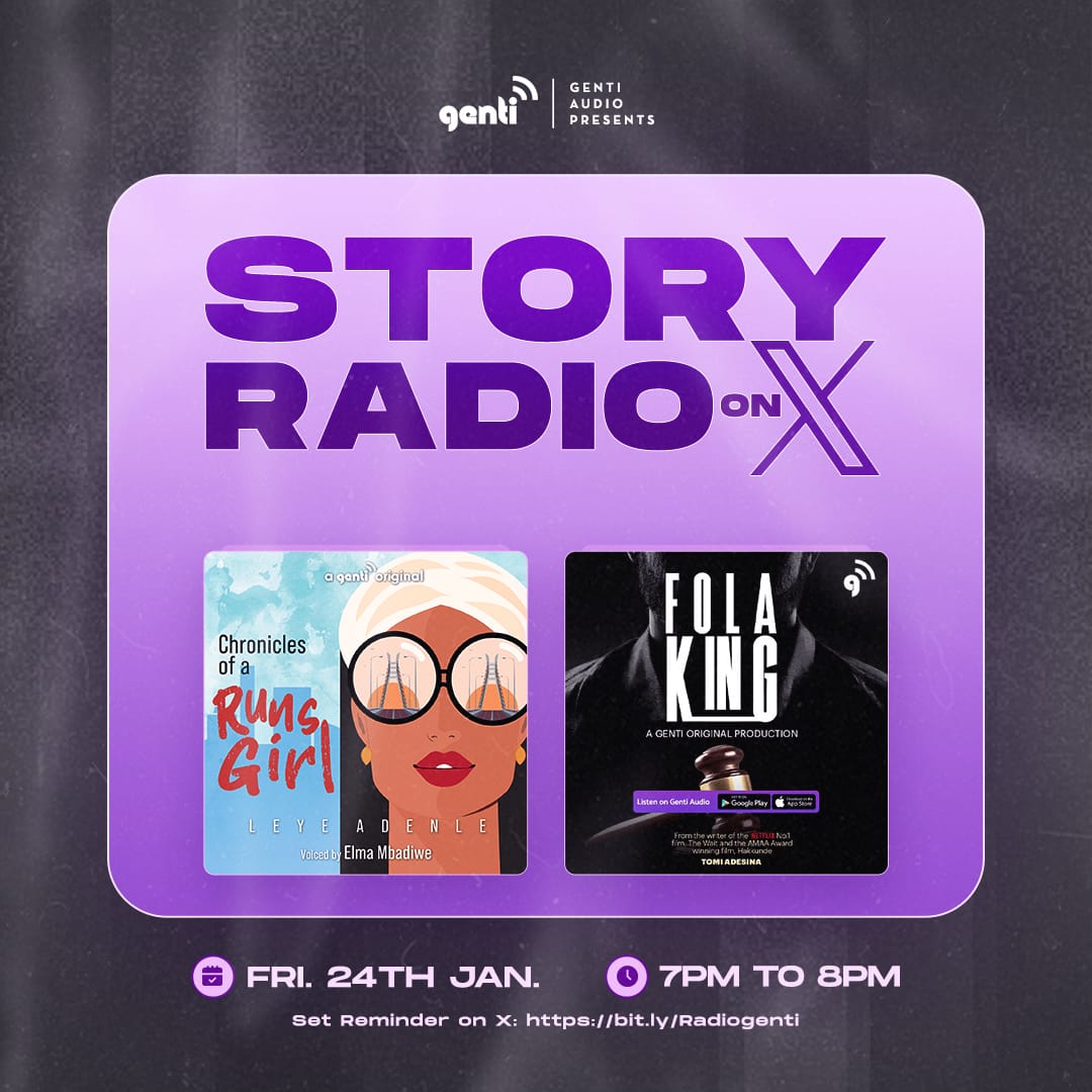 🎧 Stories on X is BACK! 🎉
Happening this Friday on X.
Time: 7PM-8:00PM
Date:24th Jan,2025
📖 Fola King by Tomi Adeshina
📖 Chronicles of a Runs Girl by Leye Adenle, voiced by Elma Mbadiwe 🎙️
👉 Tap the link to set a reminder &amp; listen live: bit.ly/Radiogenti

#GentiAudio