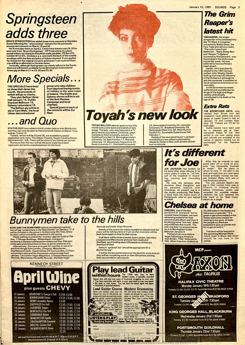 ZoundsAbound's tweet photo. In the News, #MaxWebster, the Canadian Hard Rock featuring @TheKimMitchell are to play 2 headline shows here before opening for @BlackSabbath
@springsteen has increased his run at Wembley Arena to 5 nights & @toyahofficial is out with her new band shortly.
Sounds Jan 10th 1981 https://t.co/p1VWBasWSP