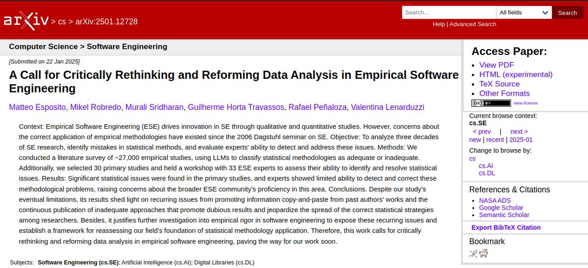 adolfont's tweet image. A Call for Critically Rethinking and Reforming Data Analysis in Empirical Software Engineering Matteo Esposito, Mikel Robredo, Murali Sridharan, Guilherme Horta Travassos, Rafael Peñaloza, Valentina Lenarduzzi #SEResearch