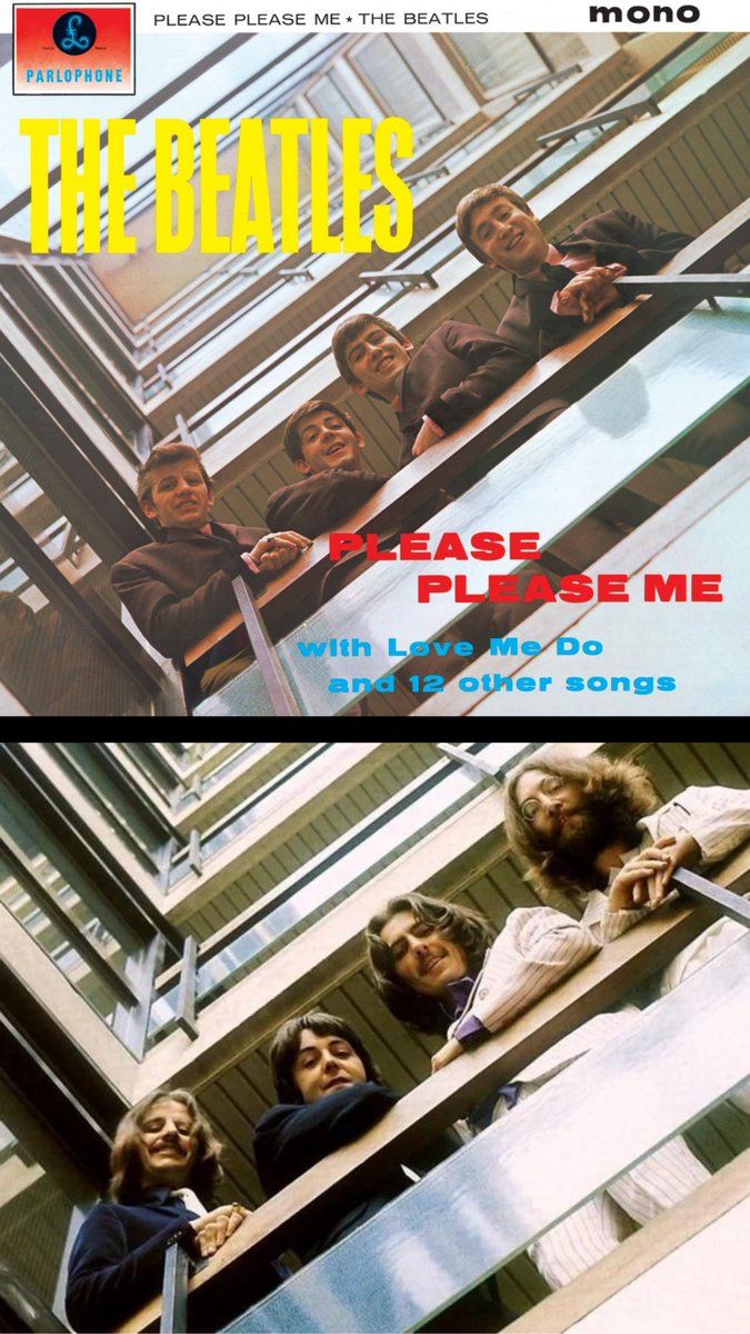 BeatlesEarth's tweet photo. Nirvana, The Sex Pistols, The Arctic Monkeys, and The Beatles themselves re-creating The Beatles' iconic debut album stairwell photo: https://t.co/nLFEfNTsgU