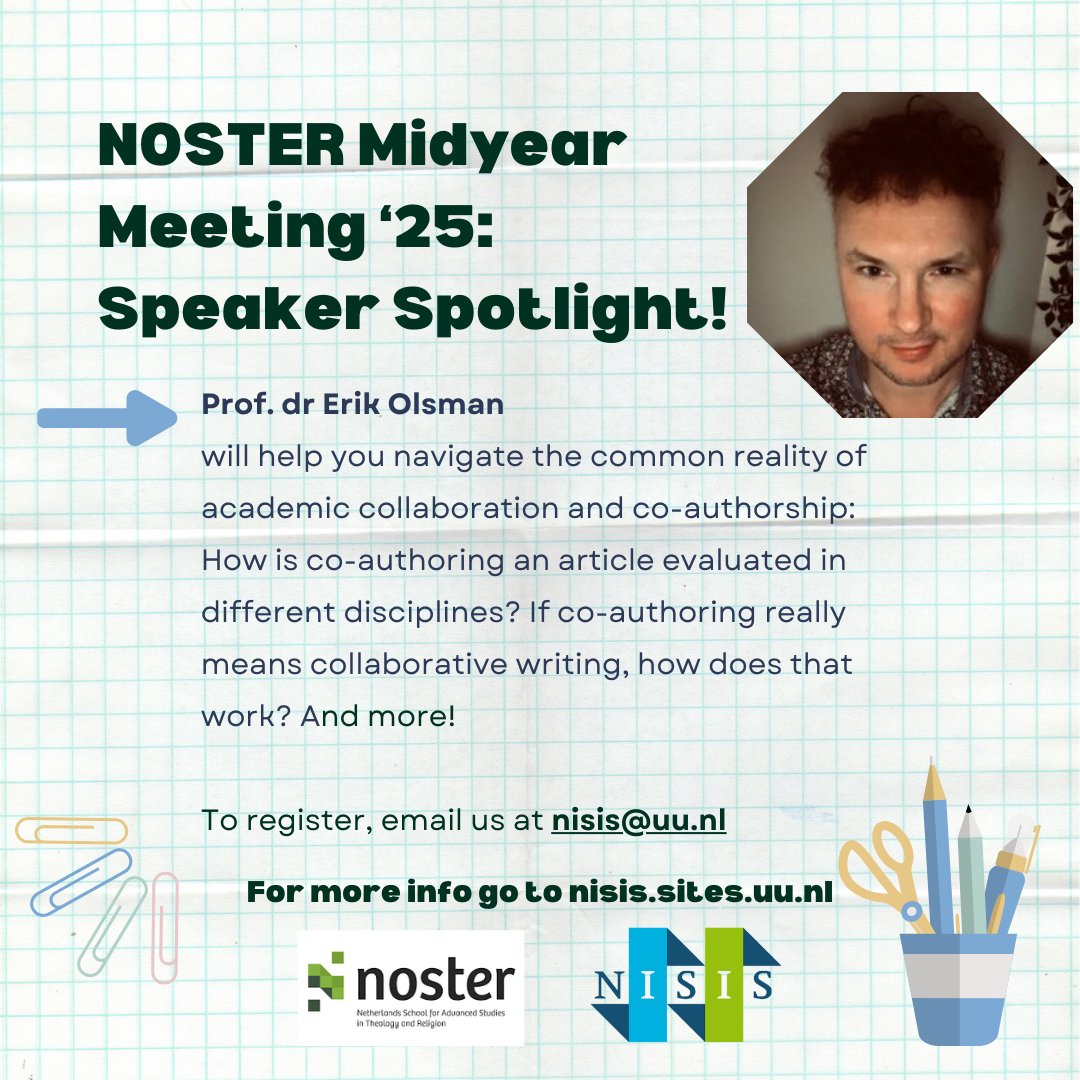NISIS_School's tweet image. Our last speaker for the Midyear Meeting '25 is Professor dr Erik Olsman! On 7 February, he will join us at Tilburg University to present on co-authorship in academic writing. Don't forget that registration closes on 29 January! Click here for more info.: shorturl.at/h1pF4