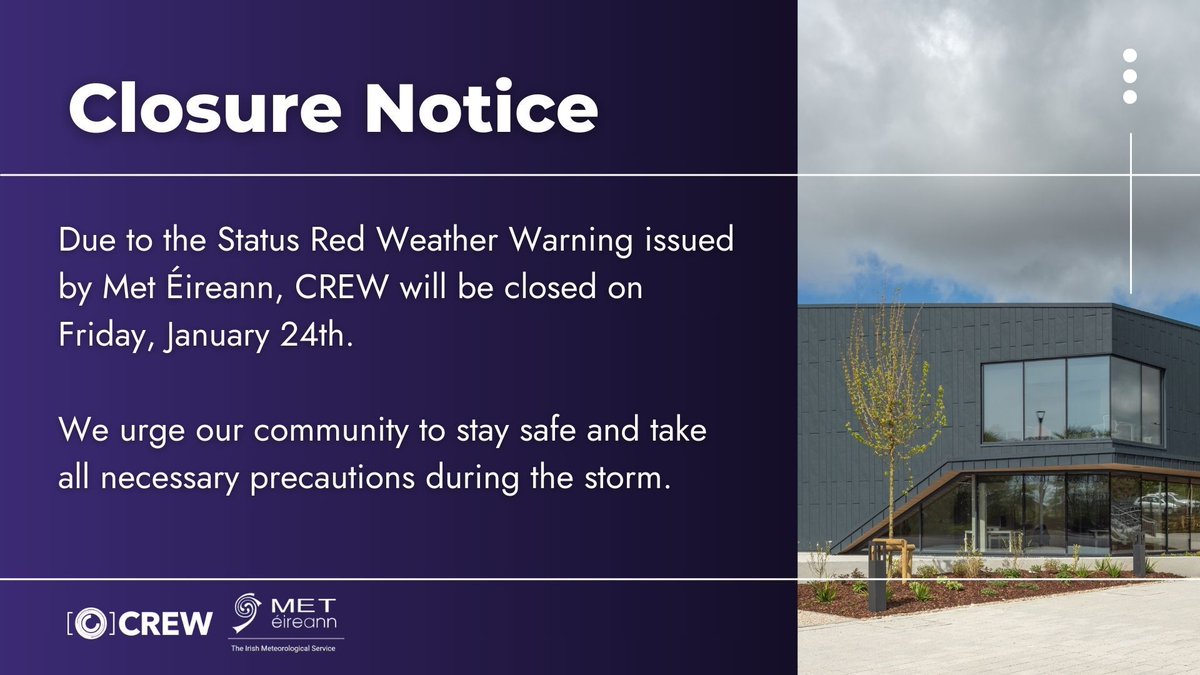 ⚠️ Important Weather Notice⚠️ 

Due to the Status Red Weather Warning issued by Met Éireann, CREW will be closed on Friday, January 24th.

We urge our community to stay safe and take all necessary precautions during the storm.