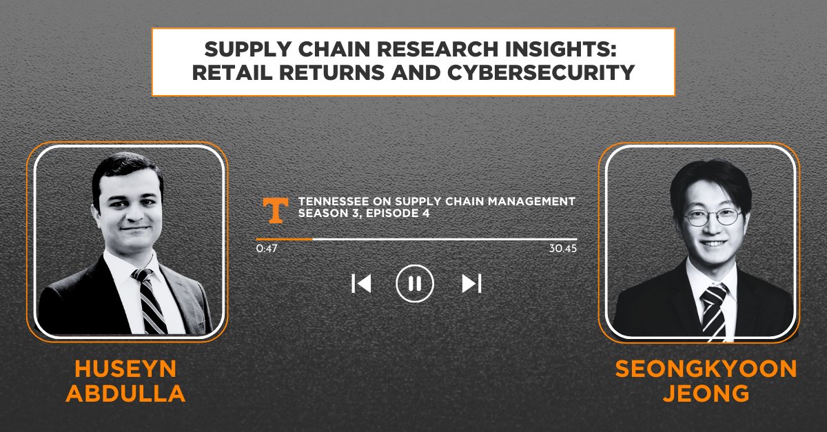 Our first #TennSCM 🍊🎙️ episode of 2025 features <a href="/HaslamUT/">Haslam Business</a> assistant professors <a href="/Huseyn_Abdulla/">Huseyn Abdulla, Ph.D.</a> and Seongkyoon Jeong sharing their research in returns management and #supplychain cybersecurity. Listen now: hubs.la/Q033CQkt0