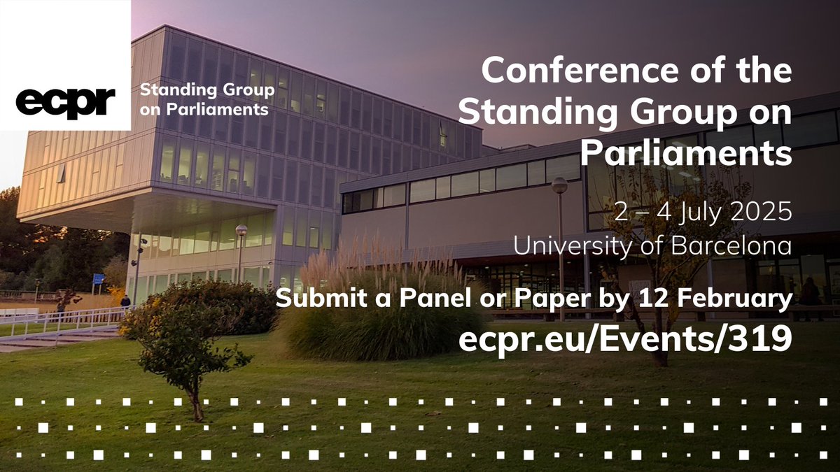 European Consortium for Political Research (@ecpr) on Twitter photo 💻 Submitted a Panel or Paper proposal for <a href="/SG_Parliaments/">SGParliaments</a> Conference?
✍️ Submissions close in 3 weeks ⤵️
🌟 Join for a rich academic programme and exclusive social events!
📆 2–4 July 🇪🇸 <a href="/UniBarcelona/">Universitat de Barcelona</a>
⏰ Wed 12 Feb ecpr.eu/Events/319 💻 Submitted a Panel or Paper proposal for <a href="/SG_Parliaments/">SGParliaments</a> Conference?
✍️ Submissions close in 3 weeks ⤵️
🌟 Join for a rich academic programme and exclusive social events!
📆 2–4 July 🇪🇸 <a href="/UniBarcelona/">Universitat de Barcelona</a>
⏰ Wed 12 Feb ecpr.eu/Events/319