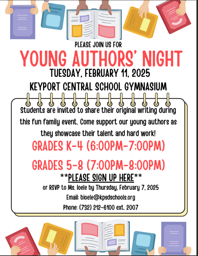 KeyportSchools's tweet photo. Please join us for Young Author Night at Central School! The event takes place on Tuesday, 2.11.25 from 6-8 PM in the gym.  We love to celebrate the talents of our young writers. Registration info can be found on the flyer. https://t.co/pJuAoT6AOc