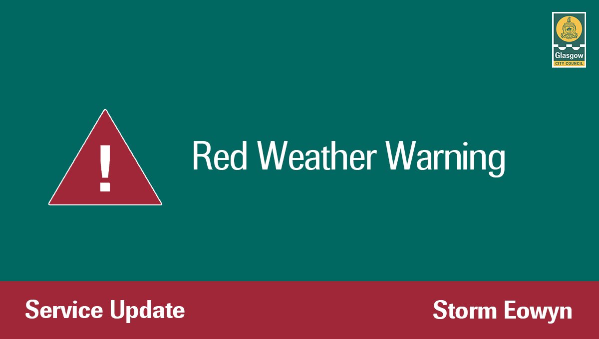 Glasgow City Council (@glasgowcc) on Twitter photo A red weather warning from <a href="/metoffice/">Met Office</a> has been issued covering Glasgow tomorrow - 24 January 2025.
We will provide updates on council services ASAP.
Please stay safe, plan ahead and follow the advice on the Met Office website 👉 ow.ly/p4iZ50ULKzG A red weather warning from <a href="/metoffice/">Met Office</a> has been issued covering Glasgow tomorrow - 24 January 2025.
We will provide updates on council services ASAP.
Please stay safe, plan ahead and follow the advice on the Met Office website 👉 ow.ly/p4iZ50ULKzG