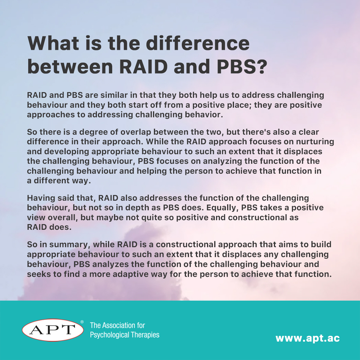 APTtraining's tweet image. We’re often asked the differences between RAID and PBS (Positive Behaviour Support), so we&apos;ve put together an informative FAQ below, which should be helpful in deciding the most relevant course for you or your team💡📚

#PositiveBehaviourSupport #PBS #PositiveBehaviorSupport