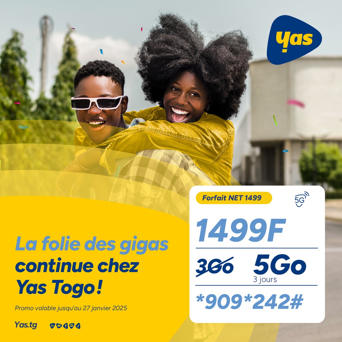 YasTogo's tweet image. 𝐏𝐫𝐨𝐟𝐢𝐭𝐞 𝐝𝐞 𝟓𝐆𝐨 𝐚𝐮 𝐥𝐢𝐞𝐮 𝐝𝐞 𝟑𝐆𝐨 𝐬𝐮𝐫 𝐭𝐨𝐧 𝐟𝐨𝐫𝐟𝐚𝐢𝐭 𝐢𝐧𝐭𝐞𝐫𝐧𝐞𝐭 𝟏𝟒𝟗𝟗𝐅 !💥

Profite de 5Go pour rester connecté gbèèèèè !

📲 Tape vite : *909*242# pour activer ton forfait !

Promo valable jusqu’au 27 janvier 2025.

#YasTogo #Data #5Go