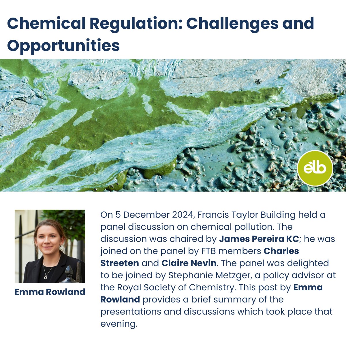 EnvLaw_Blog's tweet image. In Dec 24 @FTB_law held a panel discussion on chemical pollution chaired by @JamesPereiraQC and with Charles Streeten, @ClaireNevin8 &amp;amp; @RoySocChem on the panel. This post provides a summary of the presentations and discussions which took place: tinyurl.com/y2c5nv5p
#PFAS