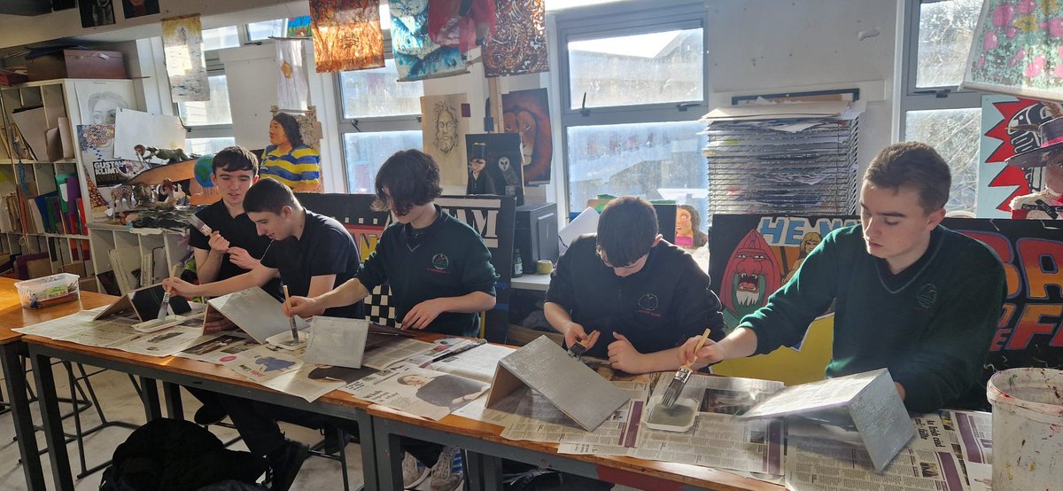 Busy in the Art room.
TY students working on sets for Westside Story in the art room with Mr MacCraith.