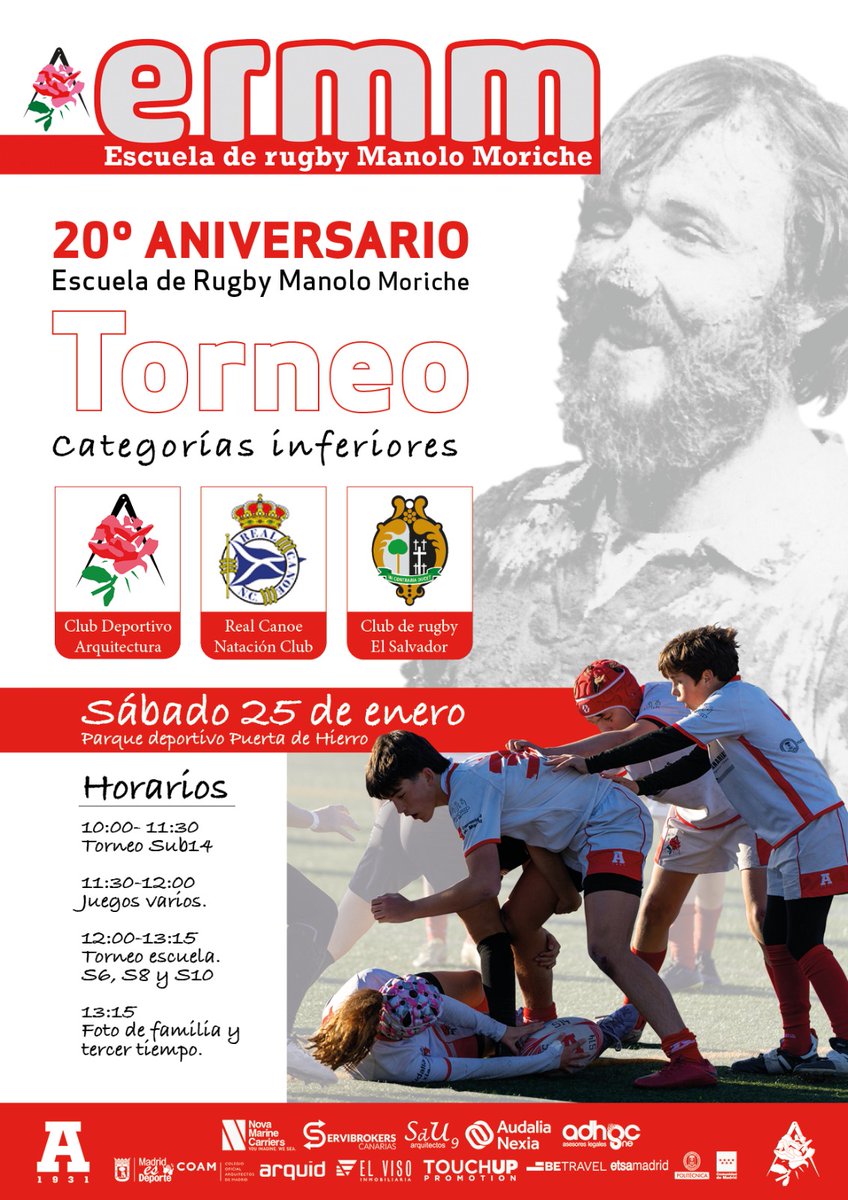 Gonzalo (@vega_capitel) on Twitter photo Este sábado se inician los fastos por el 20 aniversario de la escuela de rugby Manolo Moriche con un torneo de categorías inferiores junto a nuestros amigos de <a href="/Chami_Rugby/">Club de Rugby El Salvador🏉</a> y <a href="/rugbyrealcanoe/">Rugby Real Canoe NC</a>
CC <a href="/RugbyMadrid/">Federación de Rugby de Madrid</a> <a href="/ManoloMoriche/">Manolo Moriche</a> <a href="/MovistarRugby/">Rugby en Movistar Plus+</a> Este sábado se inician los fastos por el 20 aniversario de la escuela de rugby Manolo Moriche con un torneo de categorías inferiores junto a nuestros amigos de <a href="/Chami_Rugby/">Club de Rugby El Salvador🏉</a> y <a href="/rugbyrealcanoe/">Rugby Real Canoe NC</a>
CC <a href="/RugbyMadrid/">Federación de Rugby de Madrid</a> <a href="/ManoloMoriche/">Manolo Moriche</a> <a href="/MovistarRugby/">Rugby en Movistar Plus+</a>