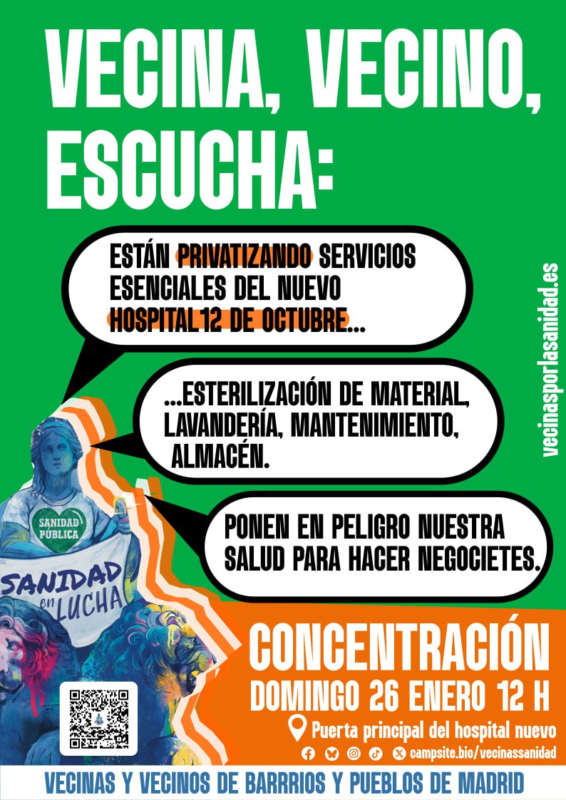 AnaRosaEncinas1's tweet photo. El próximo domingo, 26 de enero, concentración a las 12h en la puerta del nuevo H 12 de octubre, donde están privatizando servicios (lavandería ,almacén, esterilización...) empeorando la calidad de los productos y poniendo en riesgo la seguridad del paciente.Ven!
@VecinasSanidad https://t.co/7iqb75kkn7
