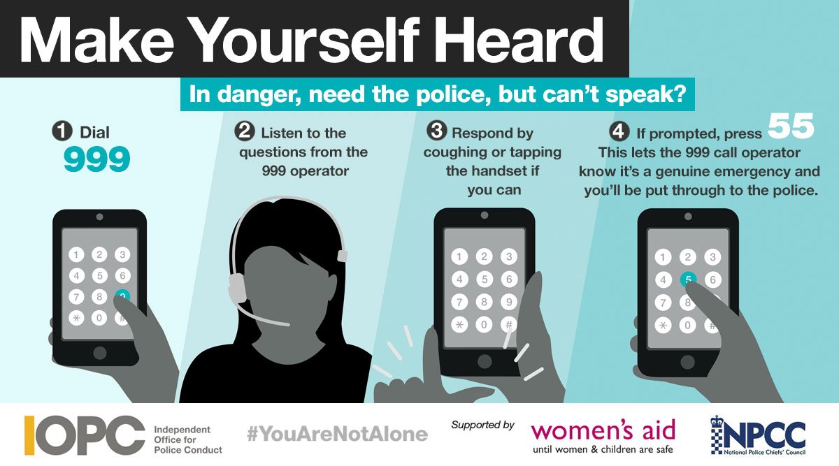 If you ring the Police &amp; are unable to speak - use the #SilentSolution system to make yourself heard

•Dial 999
•Listen to the questions
•Respond by coughing or tapping the handset
•If prompted, press 55

This lets the operator know it’s a genuine emergency

#NoExcuseForAbuse