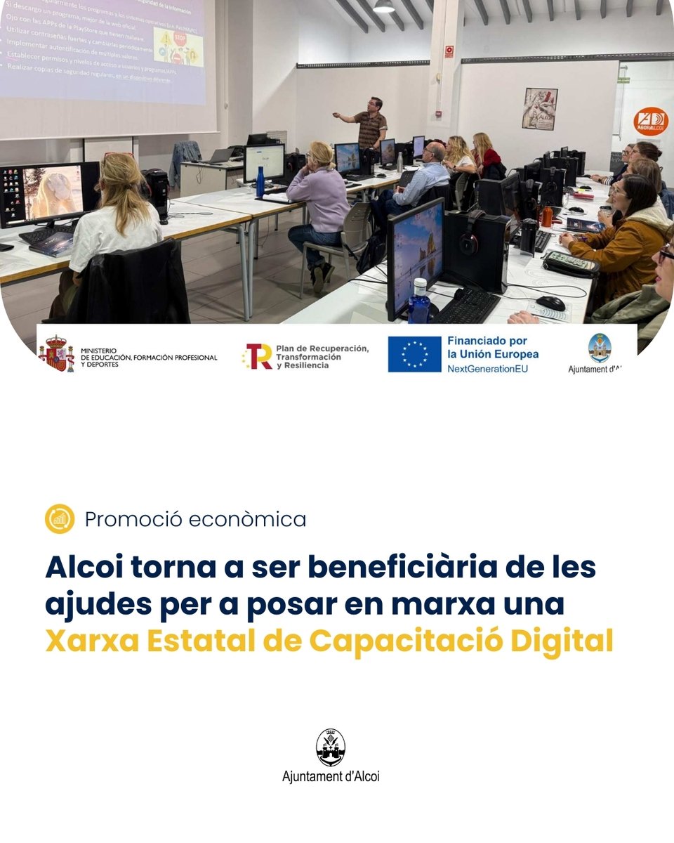 🇪🇺💰El municipi ha rebut 24.500 euros de fons europeus que li permetrà desenvolupar accions formatives en competències digitals dirigides a un centenar de persones

🔗 alcoi.org/.../noticias20…

#Alcoi #nextgenerationeu
