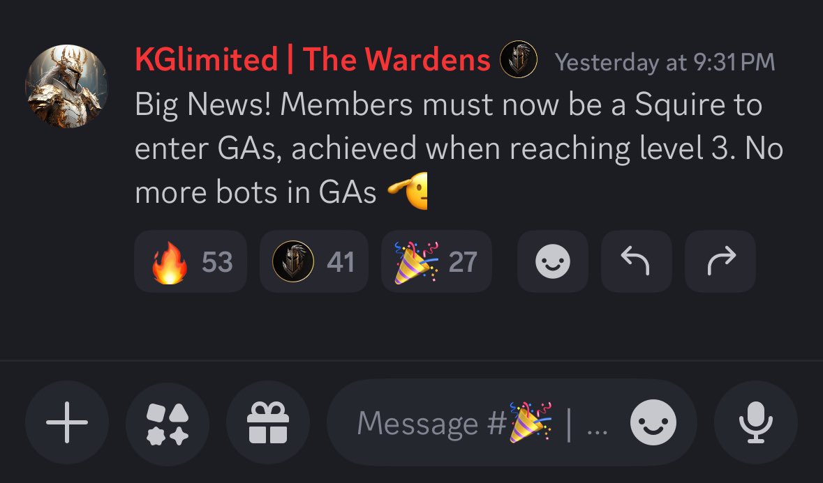 TheWardensGC's tweet photo. Last night, we introduced a new entry level role to combat extractors

New members are now granted the “Page” role, requiring them to reach level 3 for a promotion to “Squire”

Raffles are only open to Squire+ roles 🛡️

Reward your community, not bots 🫡