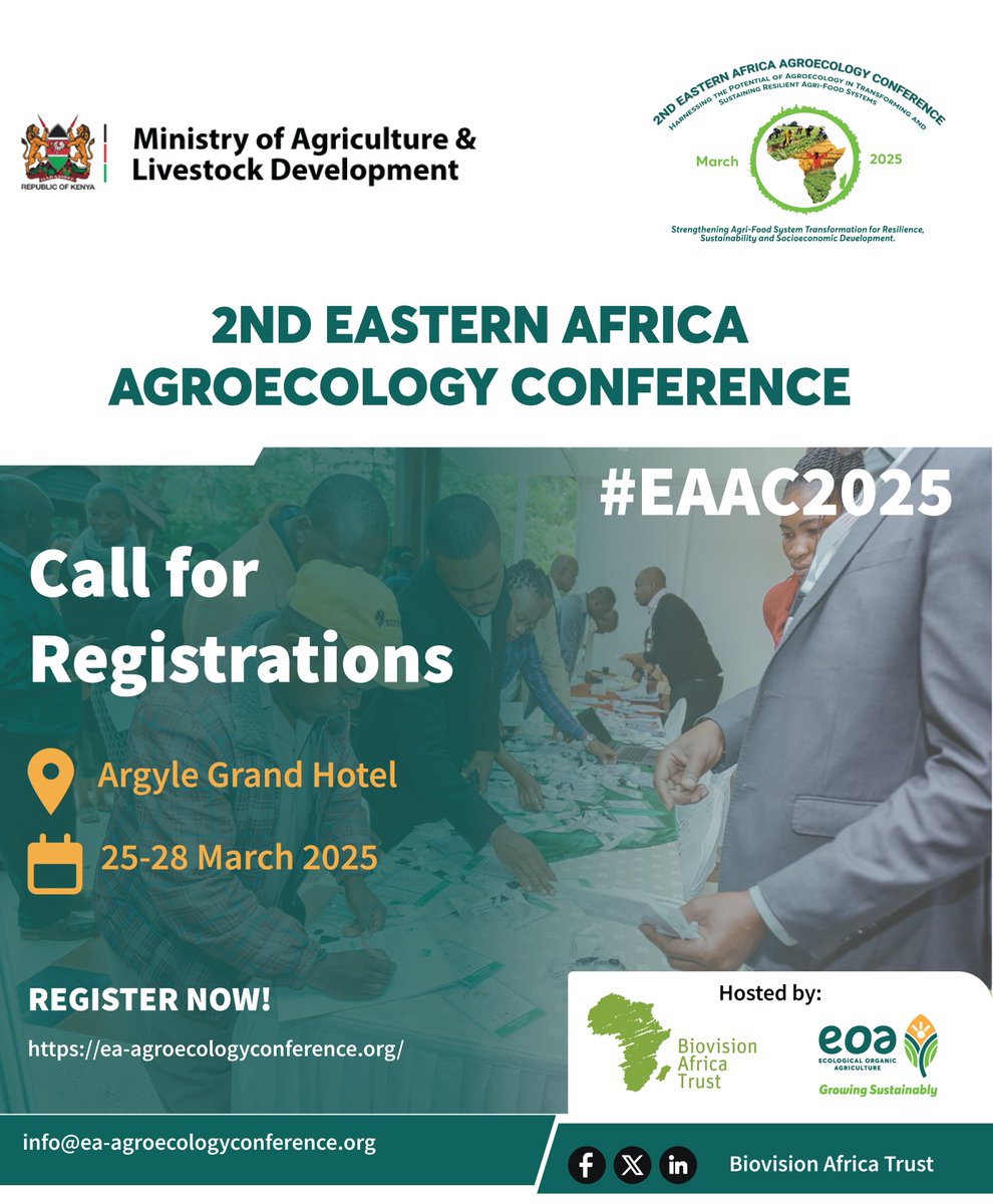 EOA_Africa's tweet photo. 📢📢Call for registrations for the 2nd Eastern Africa Agroecology Conference
Click the link below to register  
https://t.co/JBso3CmqaF
@KcoaKhea @TofOrganic @pelum_uganda @PelumKenya @FoodKenya
@Seedsavers_KE @CIFOR_ICRAF https://t.co/GhMDo1sgPM
