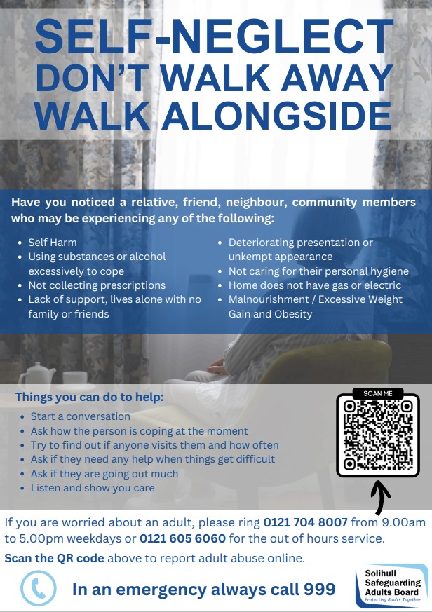 🚨NEW Self-Neglect Poster🚨

Don't walk away. Walk alongside.

If you are worried about an adult📞0121 704 8007

Available on our website
➡️safeguardingsolihull.org.uk/ssab/policies-…