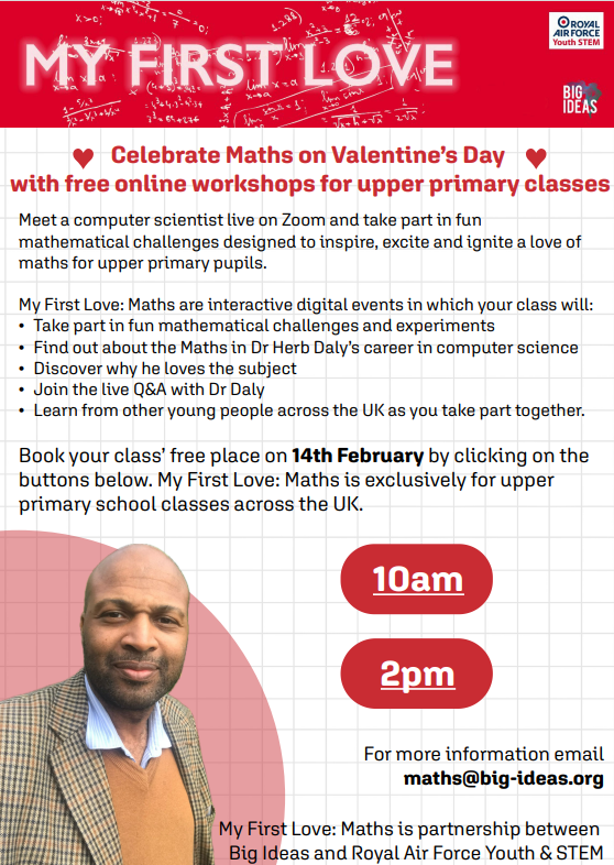 UoMSEERIH's tweet photo. Celebrate Maths on Valentine’s Day! Join free online workshops for upper primary classes on the 14th of Feb.
📅10:00 AM | 2:00 PM
For more information email maths@big-ideas.org
#STEM https://t.co/huFqvH6RzR