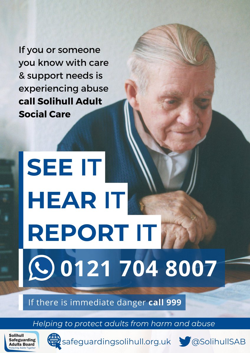Solihull Safeguarding Adults Board (@solihullsab) on Twitter photo Adult Abuse
See It
Hear It
Report It
🚫If you have any concerns an adult is being abused please report it
📞Call <a href="/SolihullCouncil/">Solihull Council</a> Adult Social Care on 0121 704 8007 or visit solihull.gov.uk/adultabuse
🚨If they are in immediate danger call <a href="/SolihullPolice/">Solihull Police</a> on 999 Adult Abuse
See It
Hear It
Report It
🚫If you have any concerns an adult is being abused please report it
📞Call <a href="/SolihullCouncil/">Solihull Council</a> Adult Social Care on 0121 704 8007 or visit solihull.gov.uk/adultabuse
🚨If they are in immediate danger call <a href="/SolihullPolice/">Solihull Police</a> on 999