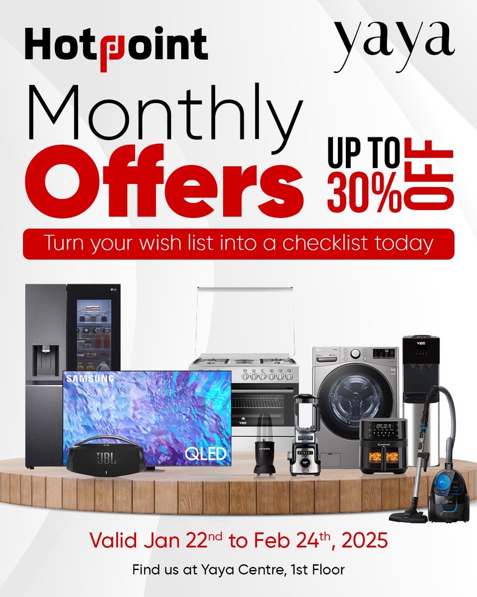 Yaya Centre (@yayacentreke) on Twitter photo Upgrade your home this January with unbeatable discounts of up to 30% off on your favourite appliances and electronics. Buy now, pay later options available! Visit <a href="/HotpointKenya/">Hotpoint Appliances Limited</a> retail outlet located on the first floor to enjoy these offers. #hotpointkenya #ygoanywhereelse🤗 Upgrade your home this January with unbeatable discounts of up to 30% off on your favourite appliances and electronics. Buy now, pay later options available! Visit <a href="/HotpointKenya/">Hotpoint Appliances Limited</a> retail outlet located on the first floor to enjoy these offers. #hotpointkenya #ygoanywhereelse🤗