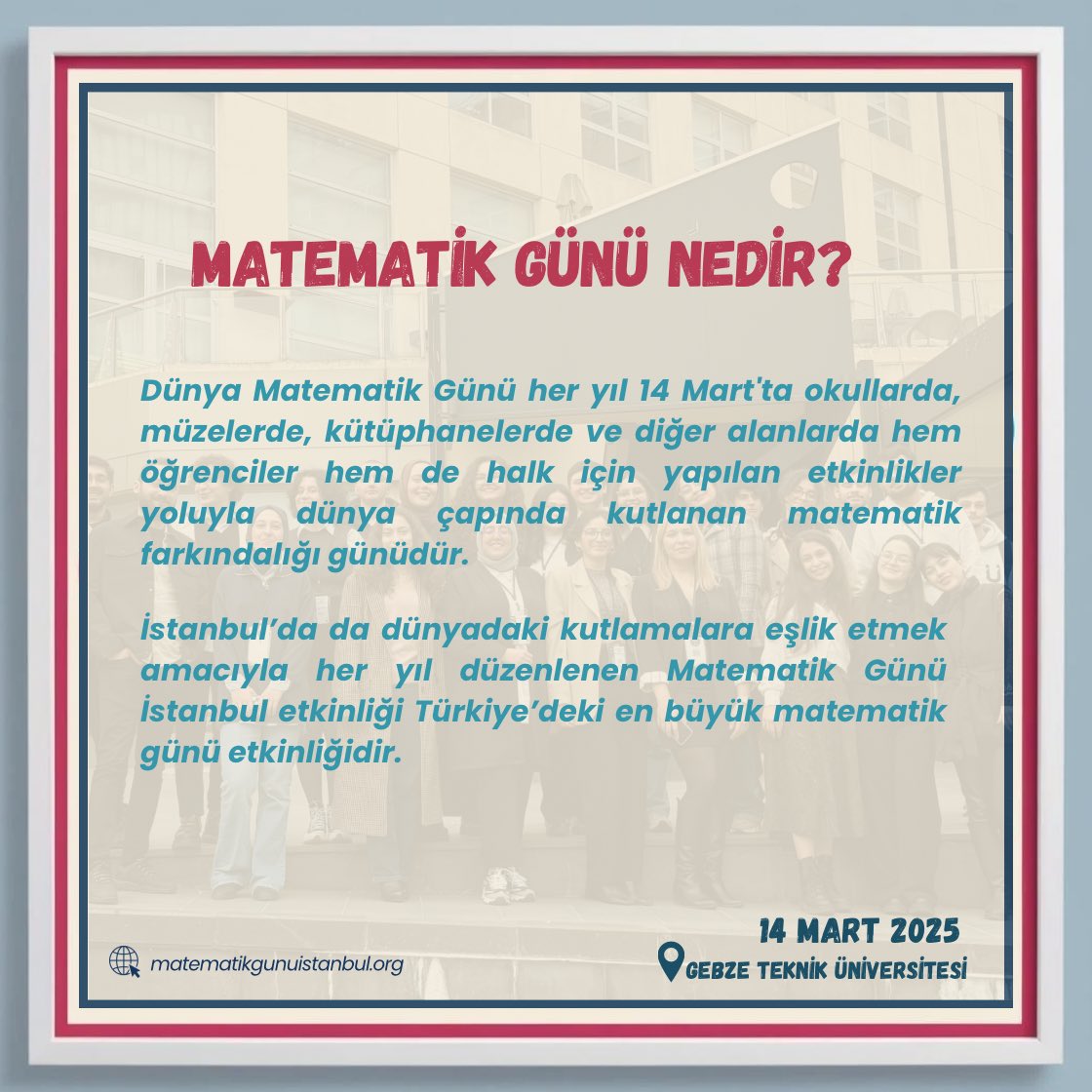 Matematik Günü İstanbul 2025 için çok heyecanlıyız.✨

Detaylar için matematikgunuistanbul.org ziyaret etmeyi unutmayın.🫶🏼