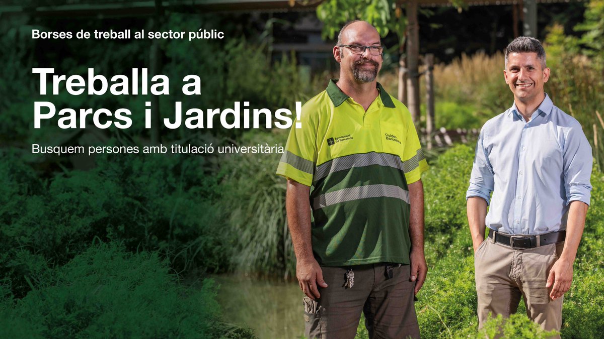 Parcs i Jardins obre tres borses de treball de perfil tècnic. 🌳

🔎Busquem persones per als llocs de:
· Tècnic/a mitjà/ana del verd (branca agrícola)
· Tècnic/a superior del verd (branca geoinformació)
· Tècnic/a superior del verd (branca biodiversitat)

ajuntament.barcelona.cat/espaisverds/ca…