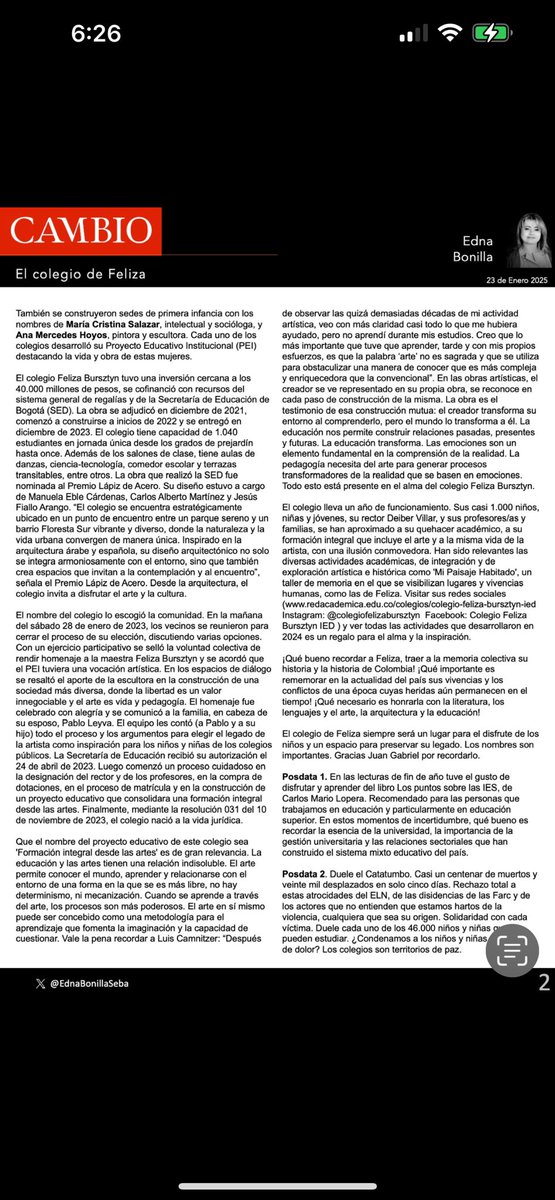 Además de la extraordinaria novela de Juan Gabriel Vásquez, <a href="/Bogota/">Alcaldía de Bogotá</a> <a href="/Educacionbogota/">Secretaría de Educación de Bogotá</a> también homenajeó a Feliza Bursztyn, una mujer extraordinaria que aunque quiso ser feliz, murió de tristeza. 

Hace mas de un año se construyó el colegio en Kennedy que lleva su nombre y que