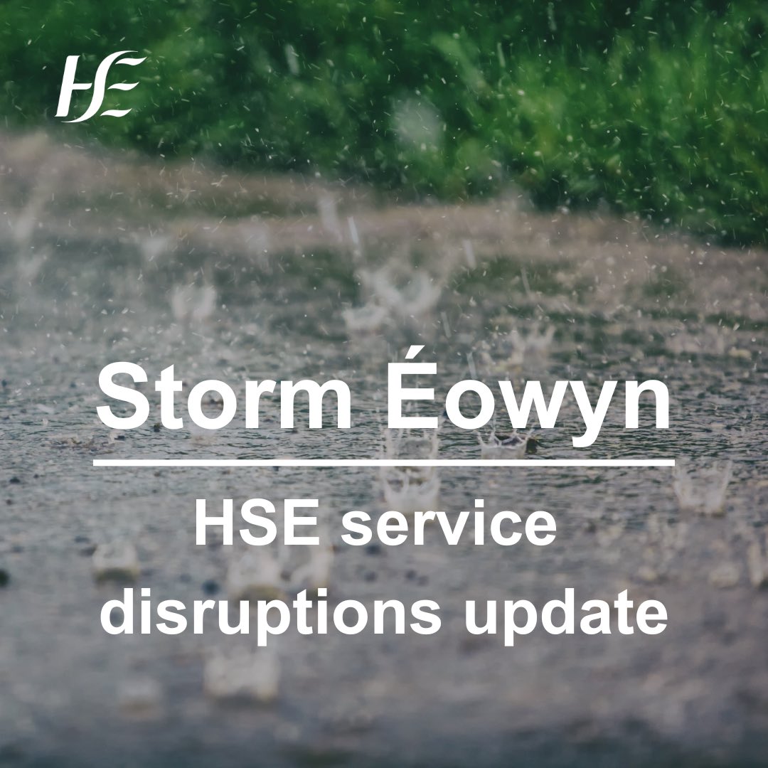 All non-urgent health services are cancelled on Fri, Jan 24 due to #StormÉowyn. This includes outpatient apts, primary care clinics, day care for older people, home help, therapies, and public health nursing. Emergency services remain operational. Check: hse.ie/disruptions