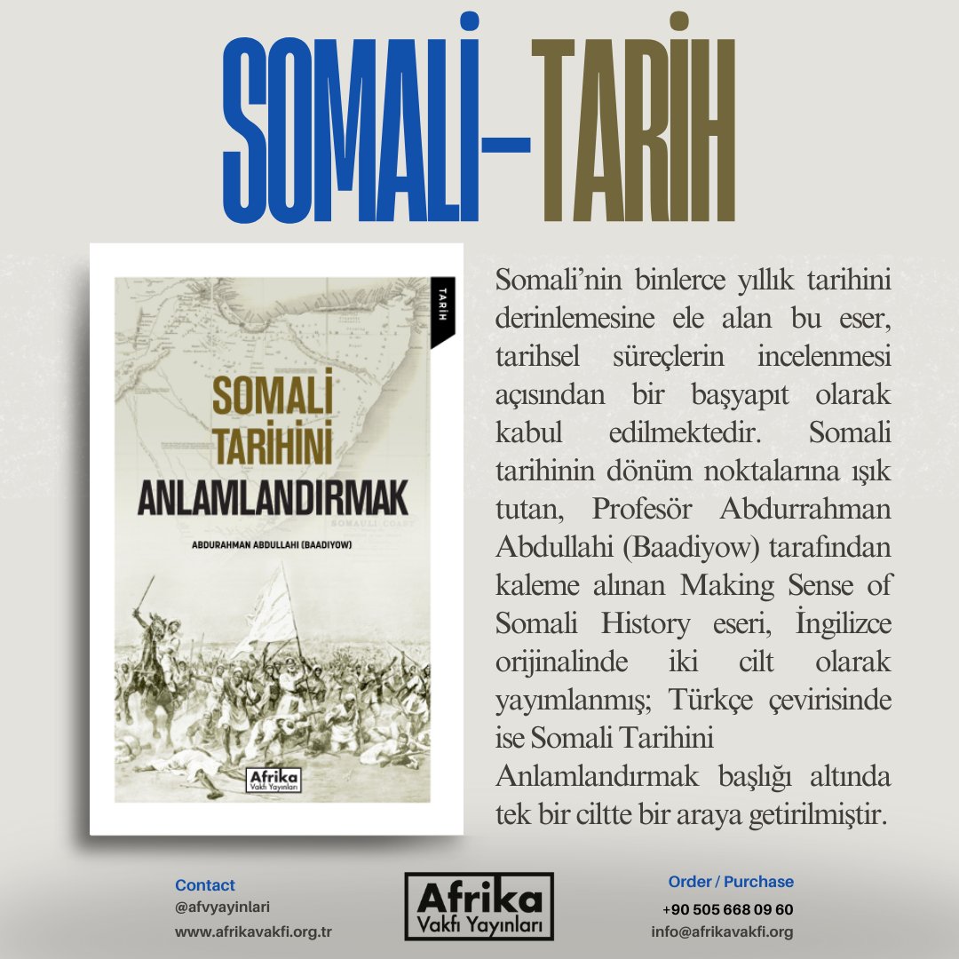 Osmanlı-Somali ilişkilerinin tarihçesi, Somali’nin sömürge döneminden bağımsızlığa geçiş süreci, 1991 sonrası iç savaş, diaspora etkileri ve Türkiye-Somali ilişkilerinin yeniden canlanışını anlamak isteyen herkes için rehber niteliğindeki bu kitabı kütüphanenize ekleyin ✨