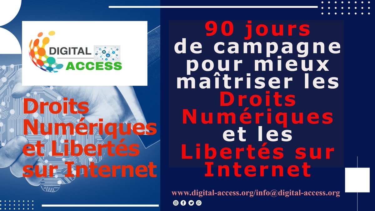 Chers abonnés ,
Nous relançons notre campagne bientôt.
Notre campagne pour la meilleure connaissance des droits numériques couvre divers thèmes.
#DroitsNumeriques 
#LibertessurInternet
#DigitalRights 
#InternetFreedom
#DigitalAccess