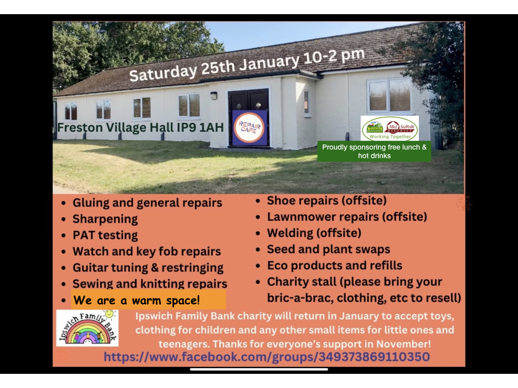 The Peninsula Repair Cafe is on Saturday 25th from 10 am to 2 pm at the Freston Village Hall - IP9 1AH.
If you are not local to the Peninsula, there are a number of other repair cafes in Suffolk - see here to find out if there is one near you suffolkrecycling.org.uk/reduce-reuse/r…