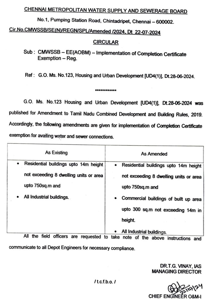 h_pongilath's tweet photo. CMWSSB, fondly “Chennai Metro Water” Circular (dt:22/07/2024) regarding “implementation of Completion Certificate Exemption” for availing water & sewer connections..
#CMWSSB #builders #realestate #RERA #Chennai #metrowater #waterconnection #sewageconnection https://t.co/3gOz3FPeE7