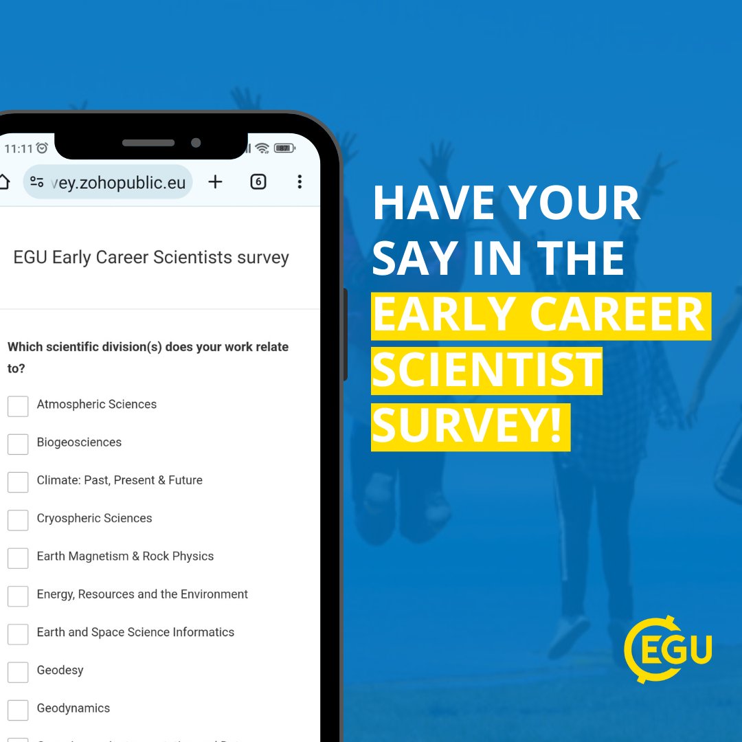 📢Have your voice heard! 
If you are an early career scientist, take part in the #EGU Early Career Scientists #survey to share your experience and feedback on #ECS opportunities and initiatives.

Your input matters! Participate here: egu.eu/28P0RG