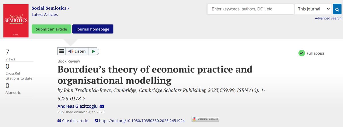 Very happily, my book has a review now many thanks to the Social Semiotics journal for platforming it "Bourdieu’s theory of economic practice and organisational modelling". 
tandfonline.com/doi/full/10.10…