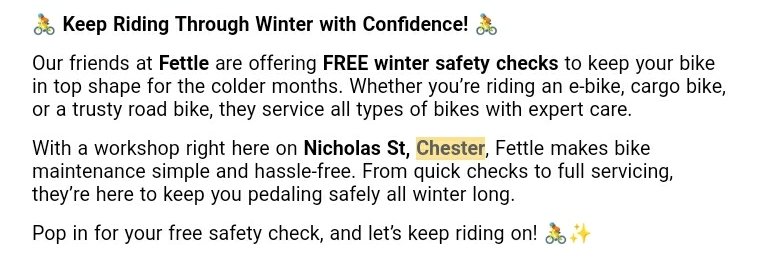FinchettsBrook's tweet image. Fettle are offering free bike winter checks. They are on Nicholas Street, next to kwikfit.
#chester #cycling
