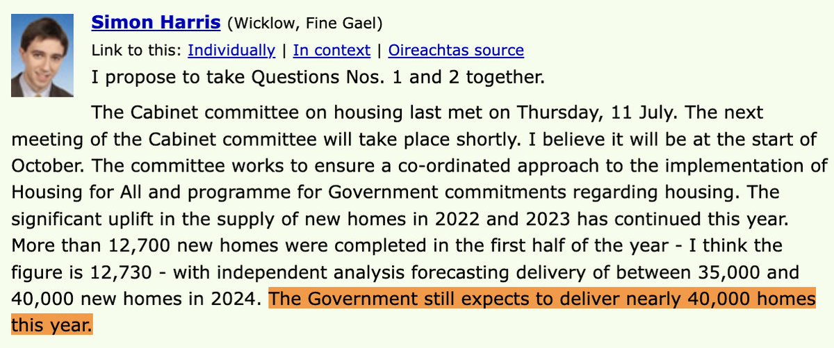 killianwoods's tweet photo. Both of these comments from Taoiseach Simon Harris and Darragh O'Brien were made in October 2024. 

They claimed info being fed into them said 40,000 homes would be built in 2024.

Now CSO data confirms 30,330 homes were built, down 6.7% compared to 2023

https://t.co/BGMw8sThQJ https://t.co/sCVjjfl79h