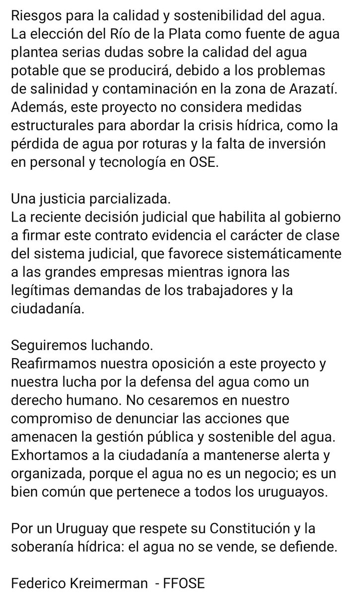 El agua no se vende, se defiende.

Rechazamos la firma del contrato del Proyecto Neptuno.  Privatiza el agua, viola la Constitución y compromete a OSE en favor de empresas privadas.

💧 El agua es un derecho humano, no un negocio.

Federico Kreimerman | FFOSE
#ElAguaNoSeVende
